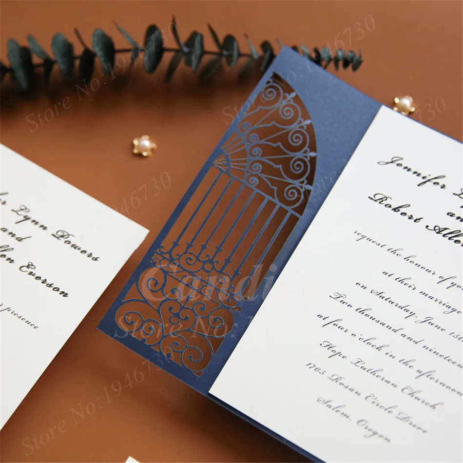 Blue Elegent Gate Design Hollow Heart Laser Cut Wedding Invitation Card Greeting Card Personalized Party Decoration Supplies