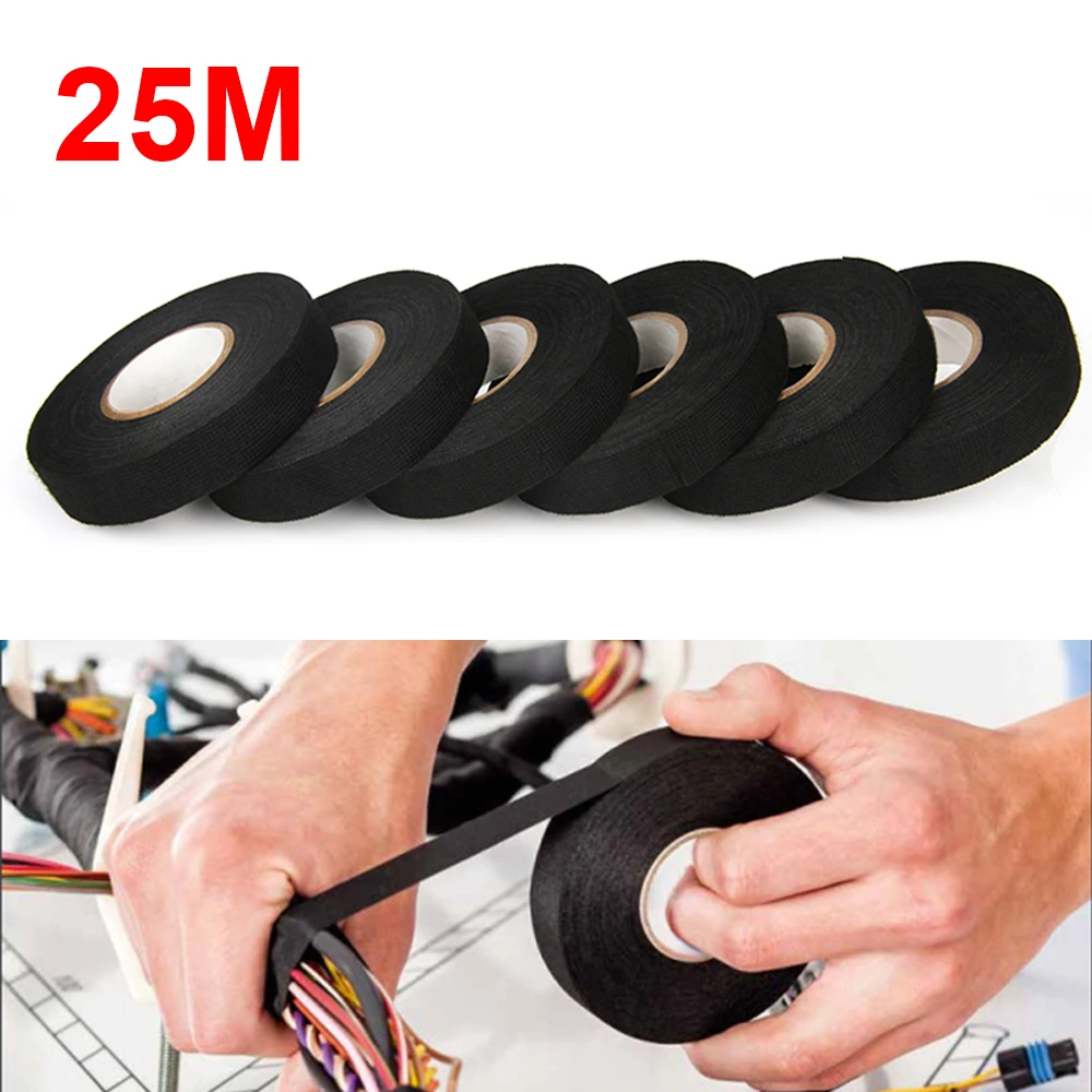 25 Meter Heat-resistant Fabric Tape Black Adhesive Electrical Insulating Cloth Tape for Car Cable Harness Wiring Loom Protection