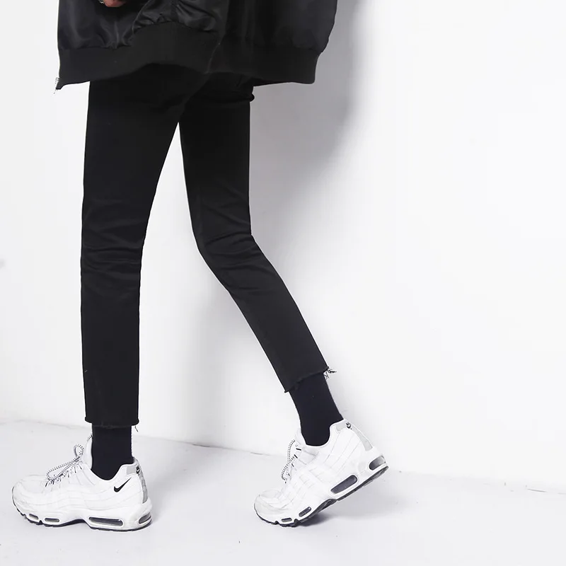 Spring/Autumn Men's Slim Cropped Denim Skinny Pants Black Frayed Stretch Men Jeans Trousers Korean Cropped Pencil Pants Male