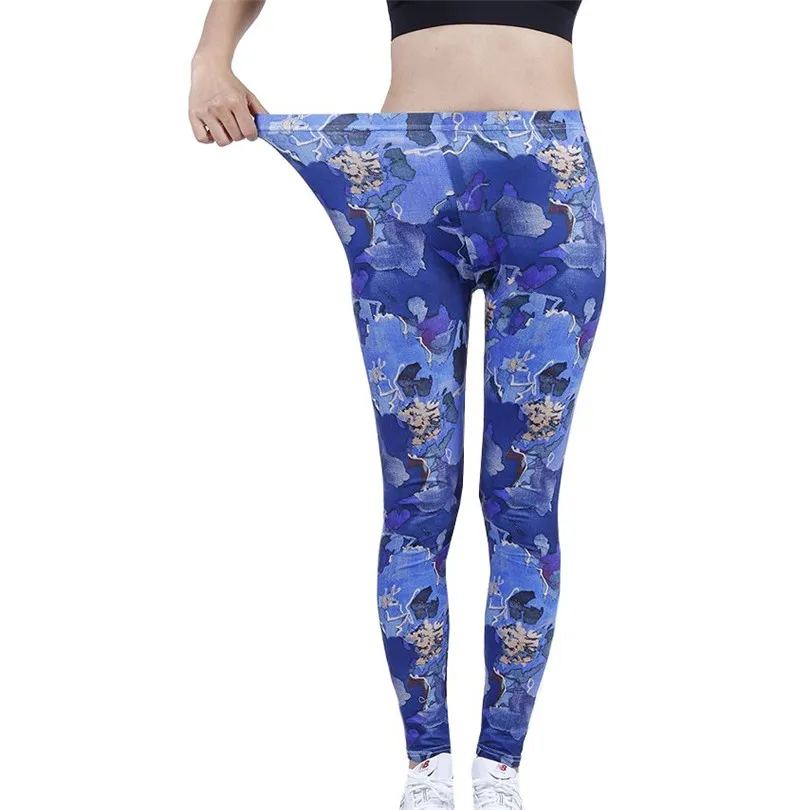 LJCUIYAO New Pants Women Leggings Fitness Soft Tights High Waist Dream Blue Flower Printing Pattern Sports Ankle-Length Clothes