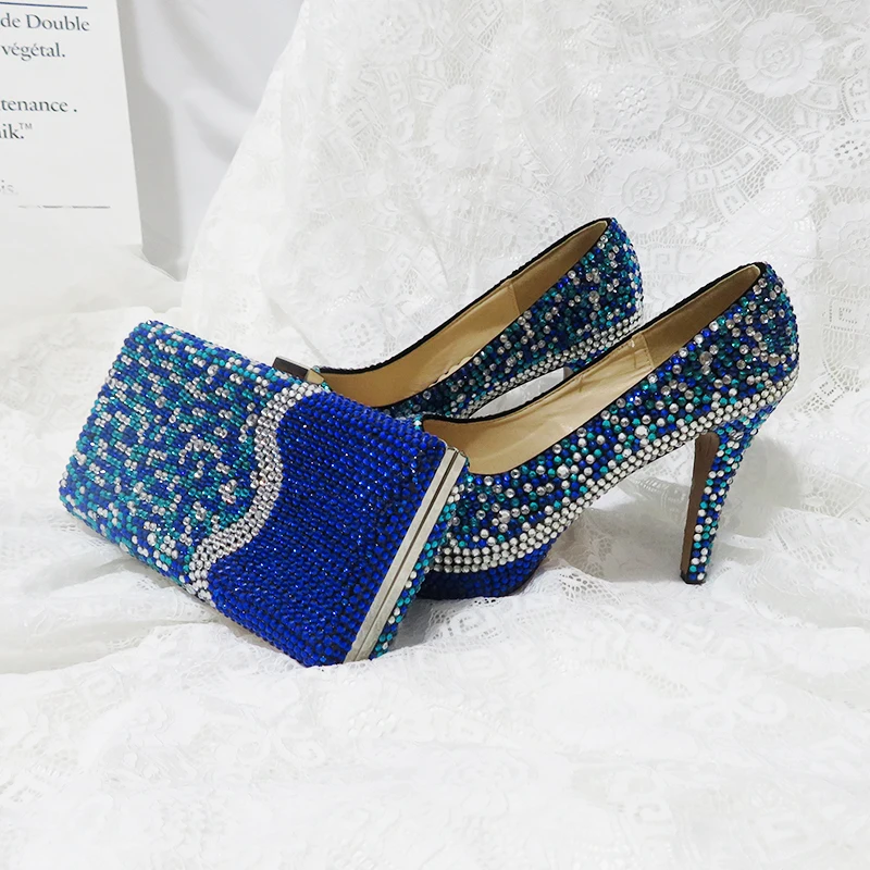 Royal Blue Multicolor Crystal wedding shoes with Macthing bags Ladies Fashion shoes and bag set High platform shoes woman