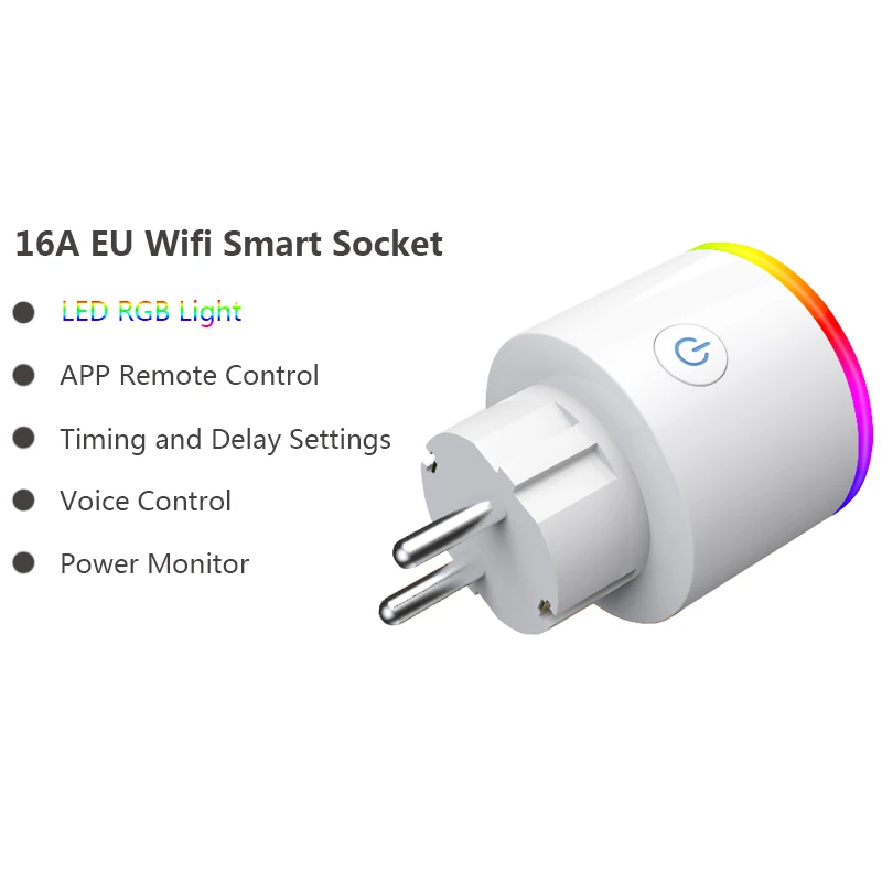 EU Wifi Smart Home Outlet Plug Socket 16A Power Monitor RGB Tuya APP Remote Control Wireless Socket Support Alexa Google Home