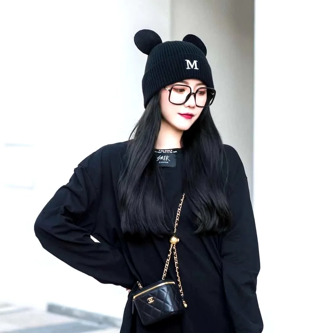 Mickey Autumn and Winter Warm Woolen Hat Cute Mickey Ear Knit Hat M Letter Embroidered Cap Beanie  Winter Hats for Women