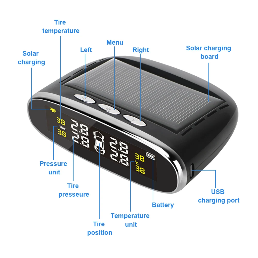 Wireless Solar TPMS Car Tire Pressure Sensors Monitoring System Tyre Diagnostic Tools Digital Set,Portable Tester Gauge Optional