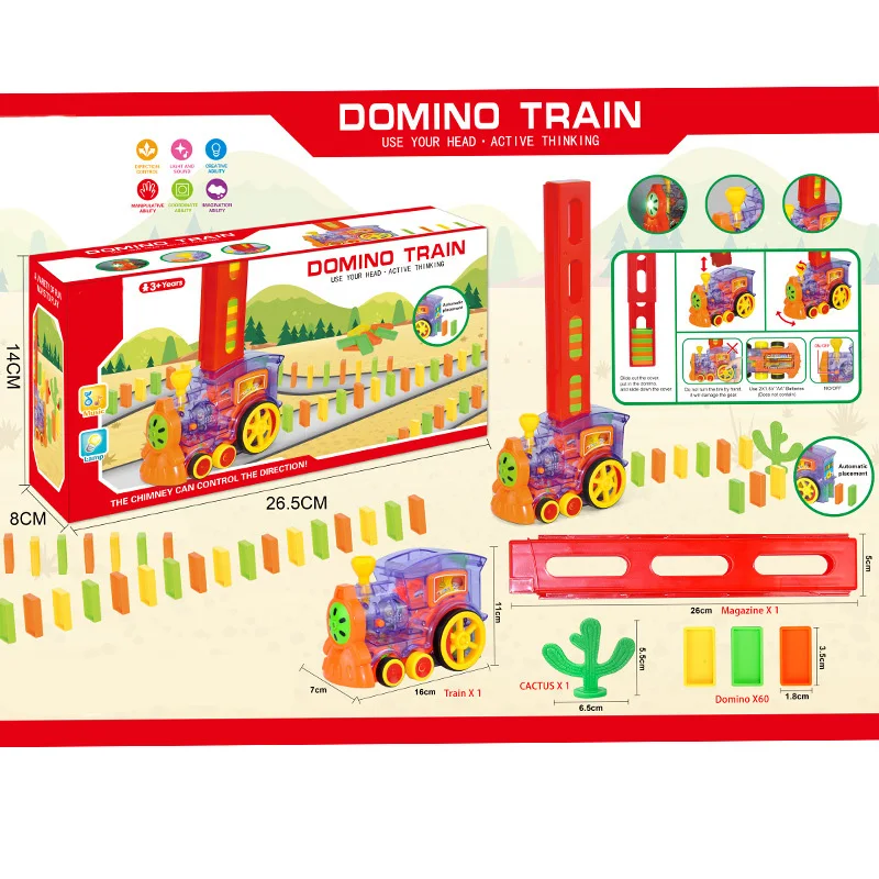 Domino Rally รถไฟไฟฟ้าของเล่นพร้อมไฟและเสียงเด็กของขวัญสีแดงและโปร่งใส Building Blocks ยานพาหนะการศึกษา