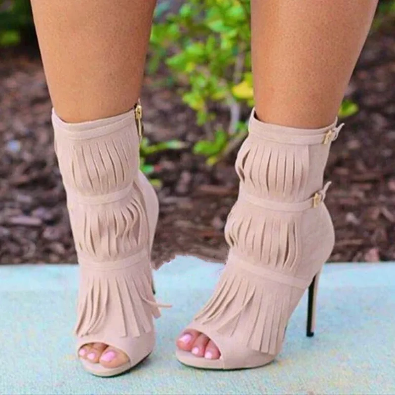 Fashion Designed Fringe Peep Toe Buckle Strap Ornament Women Ankle Boots Lady Dress Shoes High Heel Short Booty Big Size 45