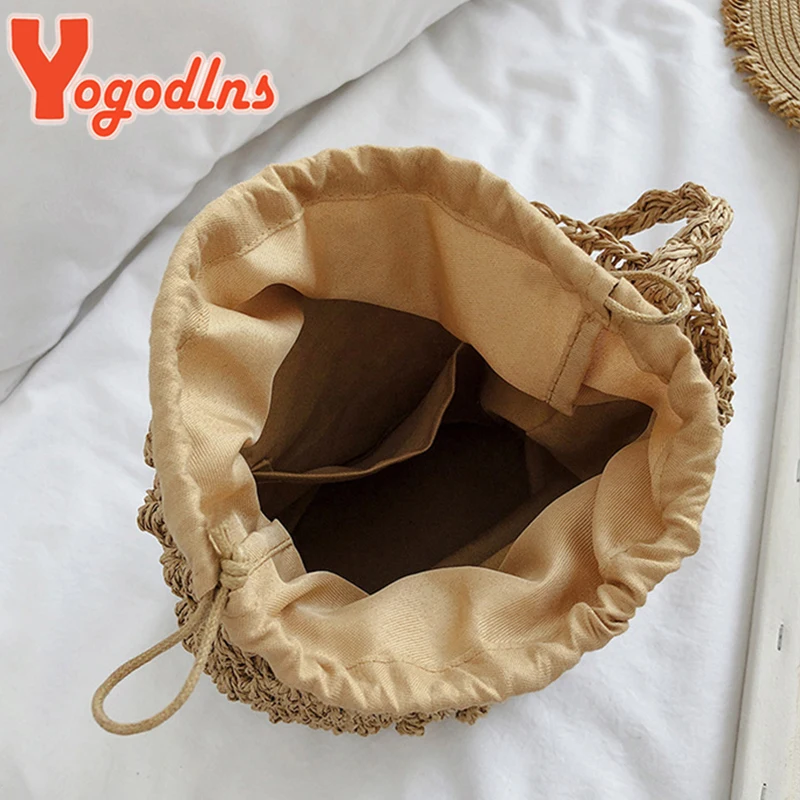 Yogodlns Summer Straw Shoulder Bag Women Large Capacity Rattan Bucket Bag Handmade Woven Beach Bag Fashion Vacation Handbag Tote