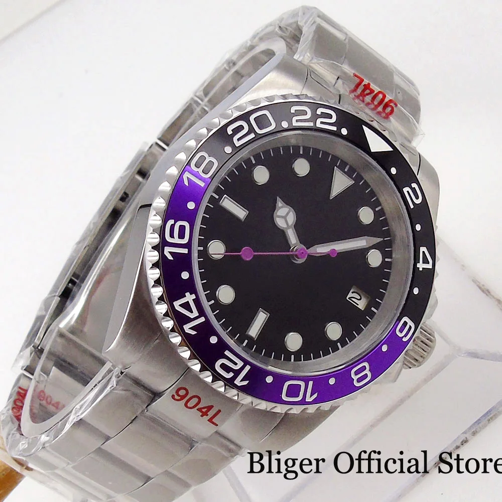 BLIGER-Relógio Automático Masculino, Fecho de Deslizamento, Mão Luminosa, Relógio de Pulso Business, Sapphire, Black Purple Insert, NH35A, 40mm