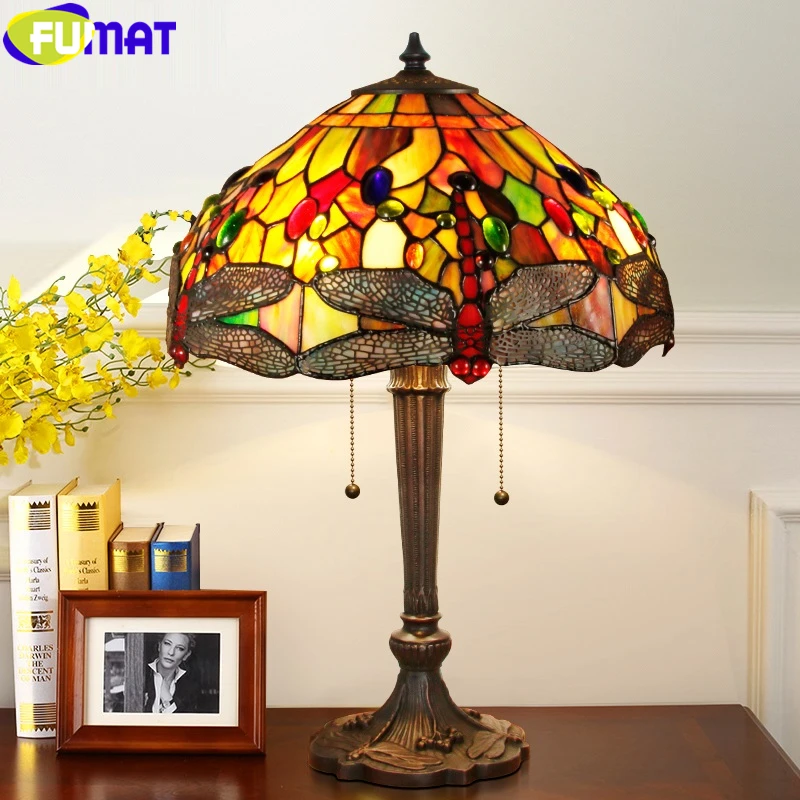 

FUMAT Tiffany Antique Style Desk Lamp Dragonfly Colorful Jade Stained Glass Shade Table Light Casting Coppon Frame Art Decor 16"