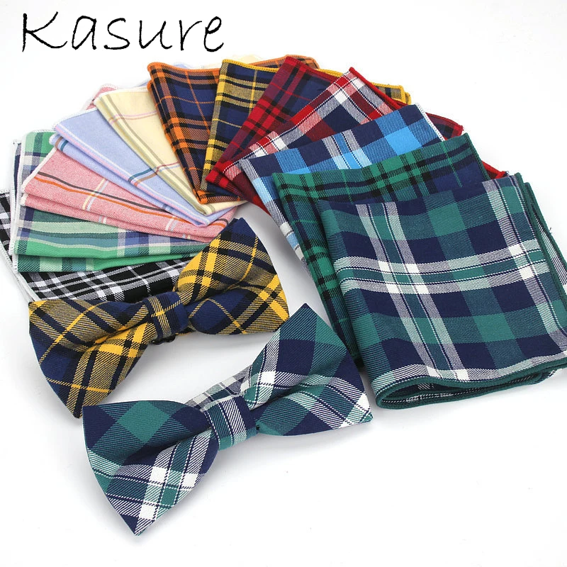 KASURE-Conjunto de pañuelo a cuadros para hombre, conjunto de corbata de moño, de punto estrecho, informal, de tartán inglés