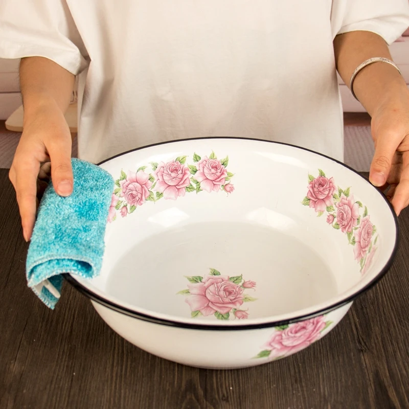 Antique Enamel Bowl WashBasin With Chinese Traditional Totems High Capacity Home Restaurant Kitchen Food Container Soup Pot