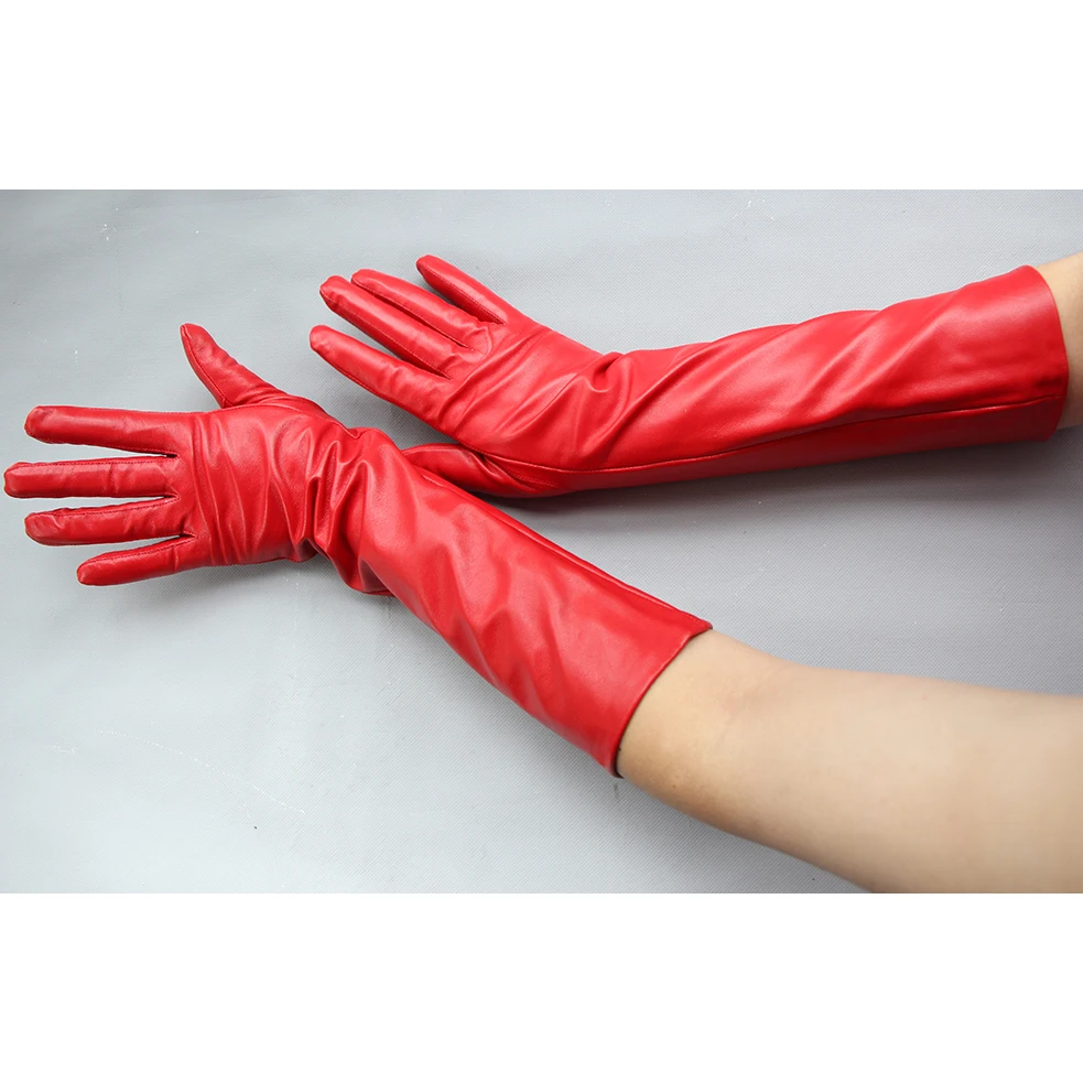 Women Real Leather Long Gloves Full Fingers Winter Warm Elbow Gloves Outdoors Long Sheepskin Rose Red Mittens Wine Red Party