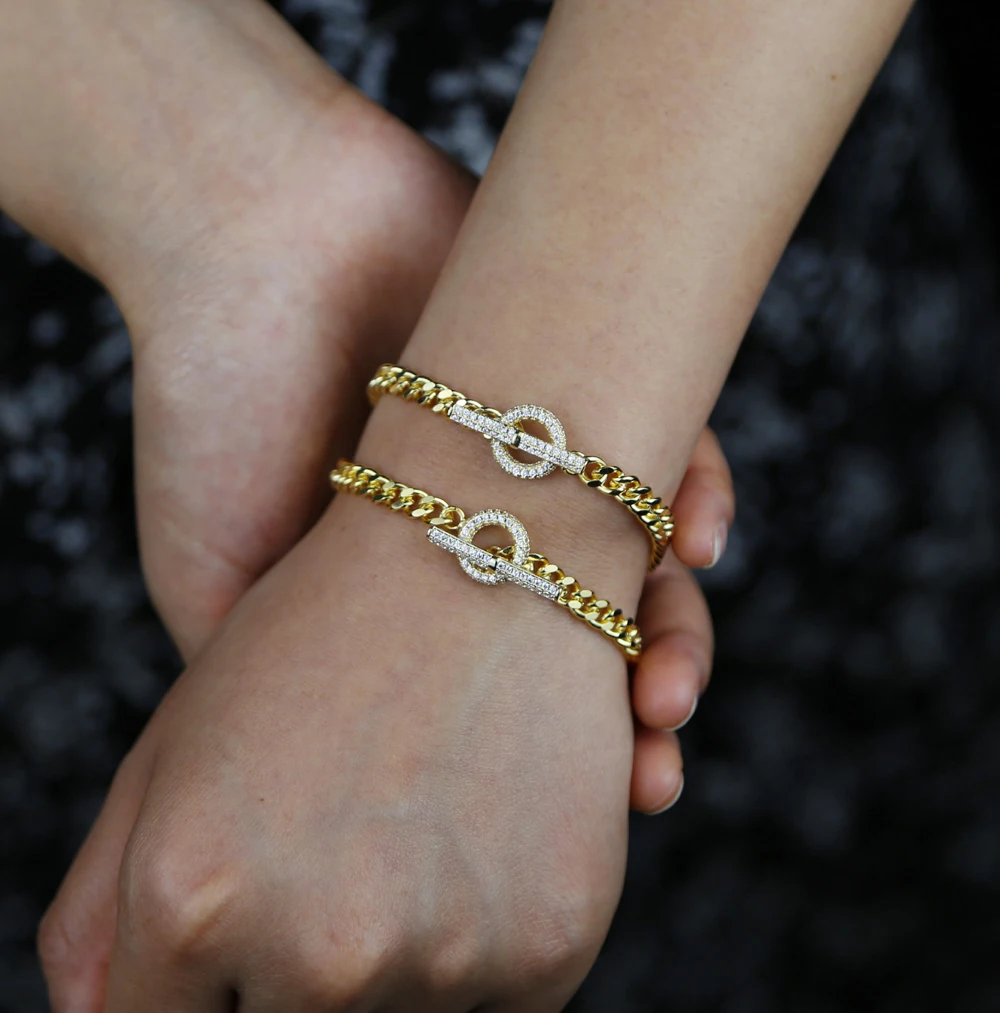 Cool Fashion T bar Toggle Clasps Bracelets For Women Girls Cz Paved Punk Charm Geometric Circle Bar Chain Necklace Width 5mm
