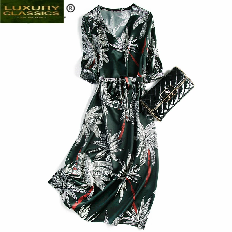 Dresses Summer Real Silk for Women Boho Beach Party Dress Woman Vintage Sexy V Neck Floral Long Green Dress Vestidos 0977