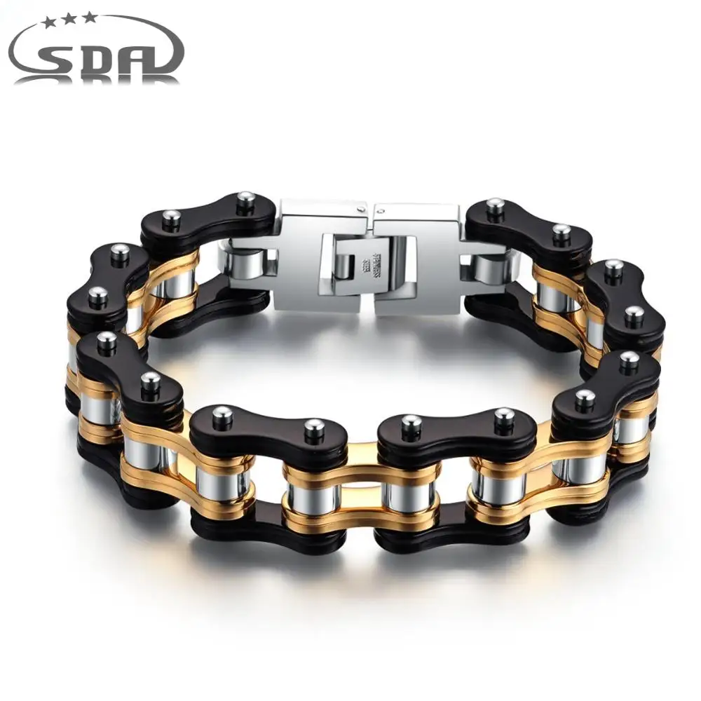 

SDA Trendy Biker Chain Bracelets 16mm For Women and Men 316L Stainless Steel Chain Black Gold Color