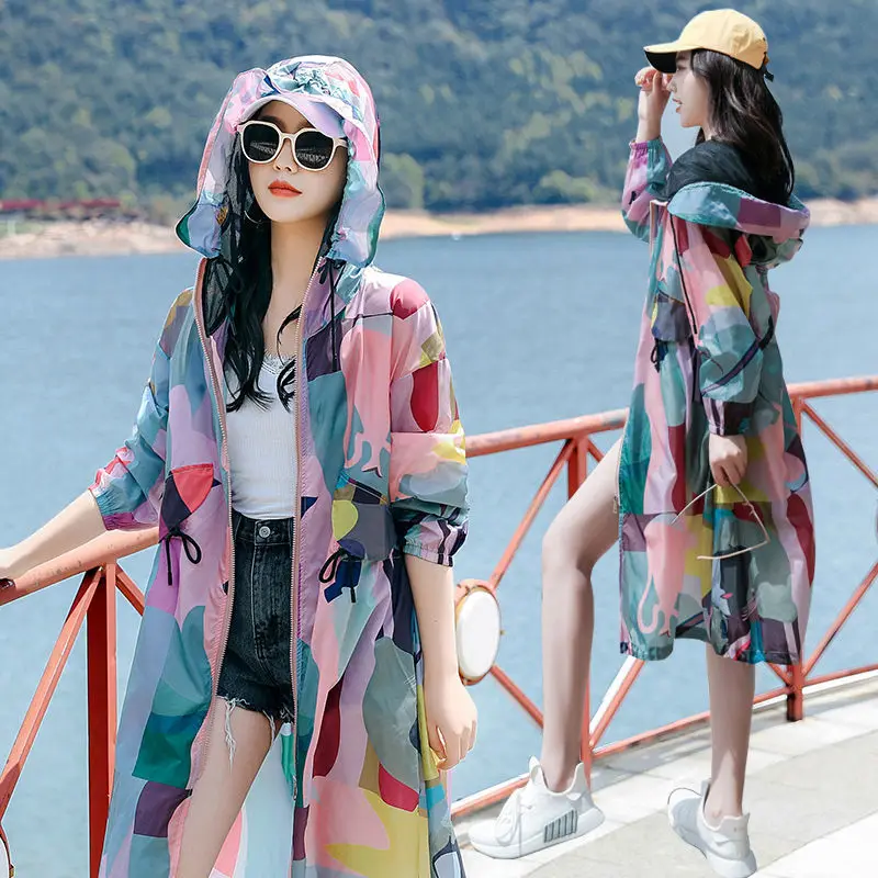 Summer Women Camouflage Outerwear Sun Protection Clothing 2023 New Anti-Ultraviolet Breathable Long Sunscreen Trench Coat Female