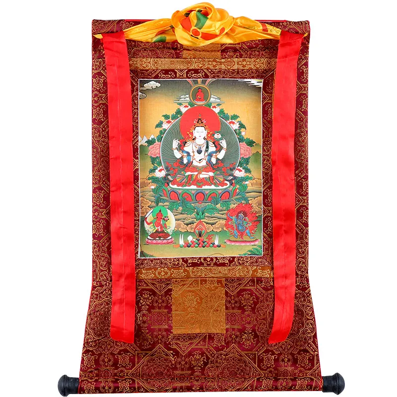 handmade-four-armed-guanyin-thangka-portrait-living-room-entrance-auspicious-mural-tibetan-tantra-buddha-painting