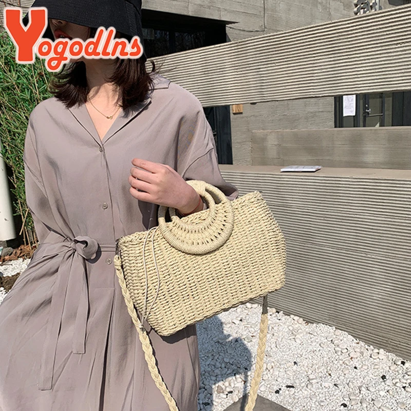 Summer Women Straw Beach Bag Handmade Crossbody Bag Raffia Circle Rattan Bags Bohemian Casual Woven Basket bags