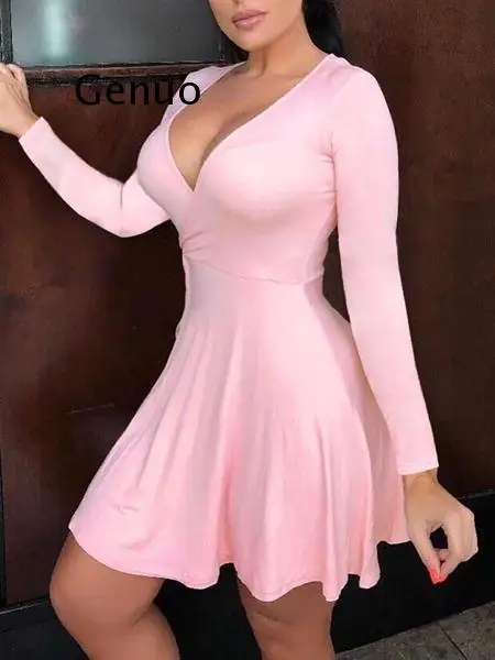 3XL 2020 Fashion Solid Color Long Sleeve Woman Dress Sexy & Club Deep V-neck Short Dress Women Bodycon Dress