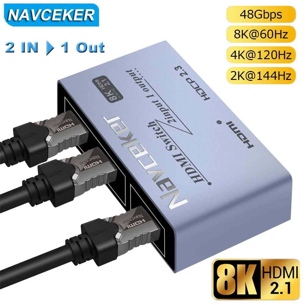 2024 Switcher HDMI 2.1-compatible 2 in 1 out Ultra 48Gbps 8K@60Hz 4K@120Hz Switch adapter With switch button For HDTV Projector