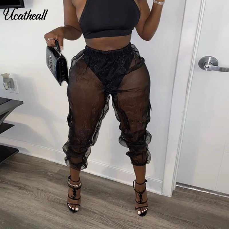 Mesh See-through High Waist Cargo Pants Patchwork Side Pocket Fashion Summer New Loose Trousers Women Transparent Pants