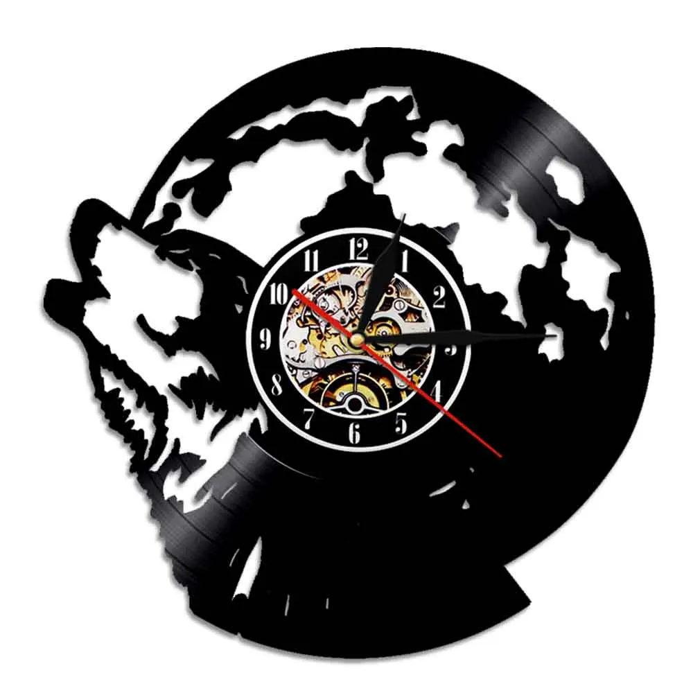 Wolf Howls to the Moon Wall Clock Vinyl Hanging Clock Wild Animal Time Watch Unique Decor Home Decoration Rock n Roll Gift