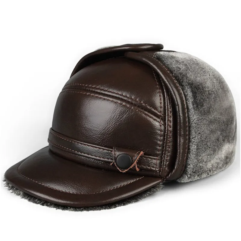 B-7278 New Earmuffs Genuine Leather Hats Faux Fur Baseball Caps Thicken Warmer Winter Male Flat Hats Real Cowhide Leather Hats