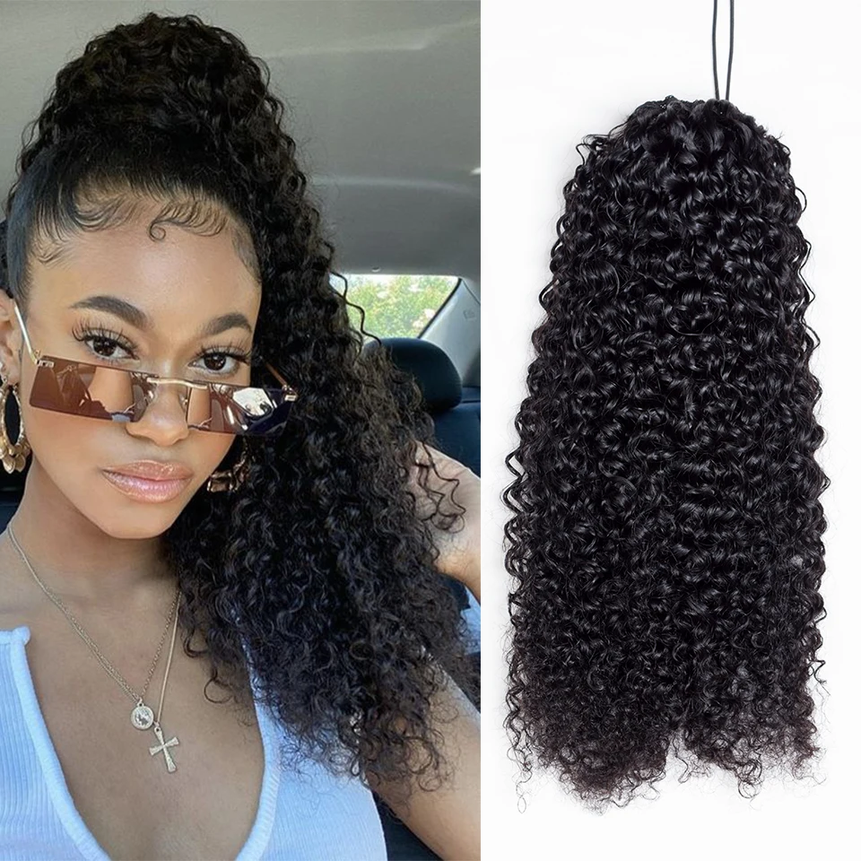 Alibalad-coleta rizada con cordón para mujer negra, extensiones de cabello humano brasileño Afro con Clip, Remy, 150g, 4 peines