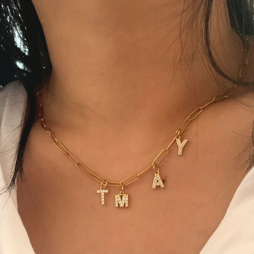 DIY Mini Zircon Letters Name Custom Charm Chain Micro Pave CZ Alphabet ABC Pendant Choker Necklace Women Steel Collar Jewelry