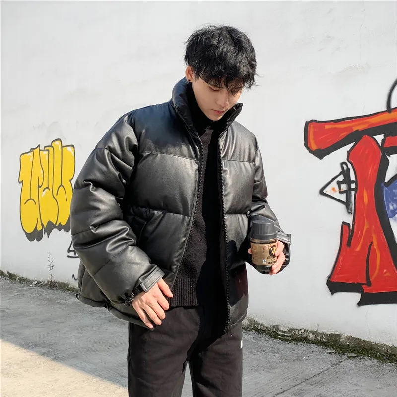 Thicken Solid Color Mens Parkas Oversized Warm Winter Leather Coats Harajuku Fashion Male Loose Cotton Padded Jackets PU Leather