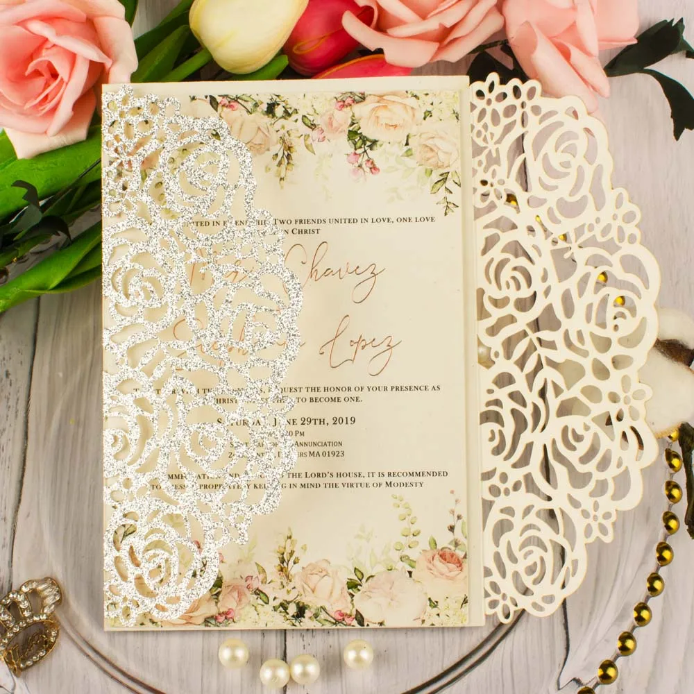 Free Shipping 1X Gold/Silver/Rose/Champagne/Pink Glitter /Ivory pearl Hollow Flower laser cut Invite wedding invitation cards