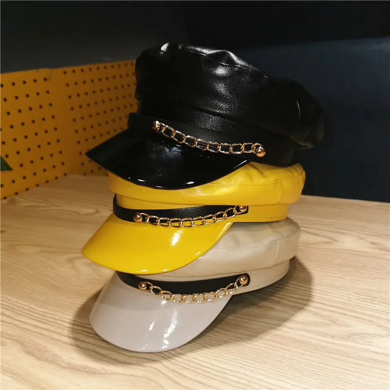 unisex Pu Punk style hat sexy cap Metal chain patent leather sexy cap for party black gothic style hat