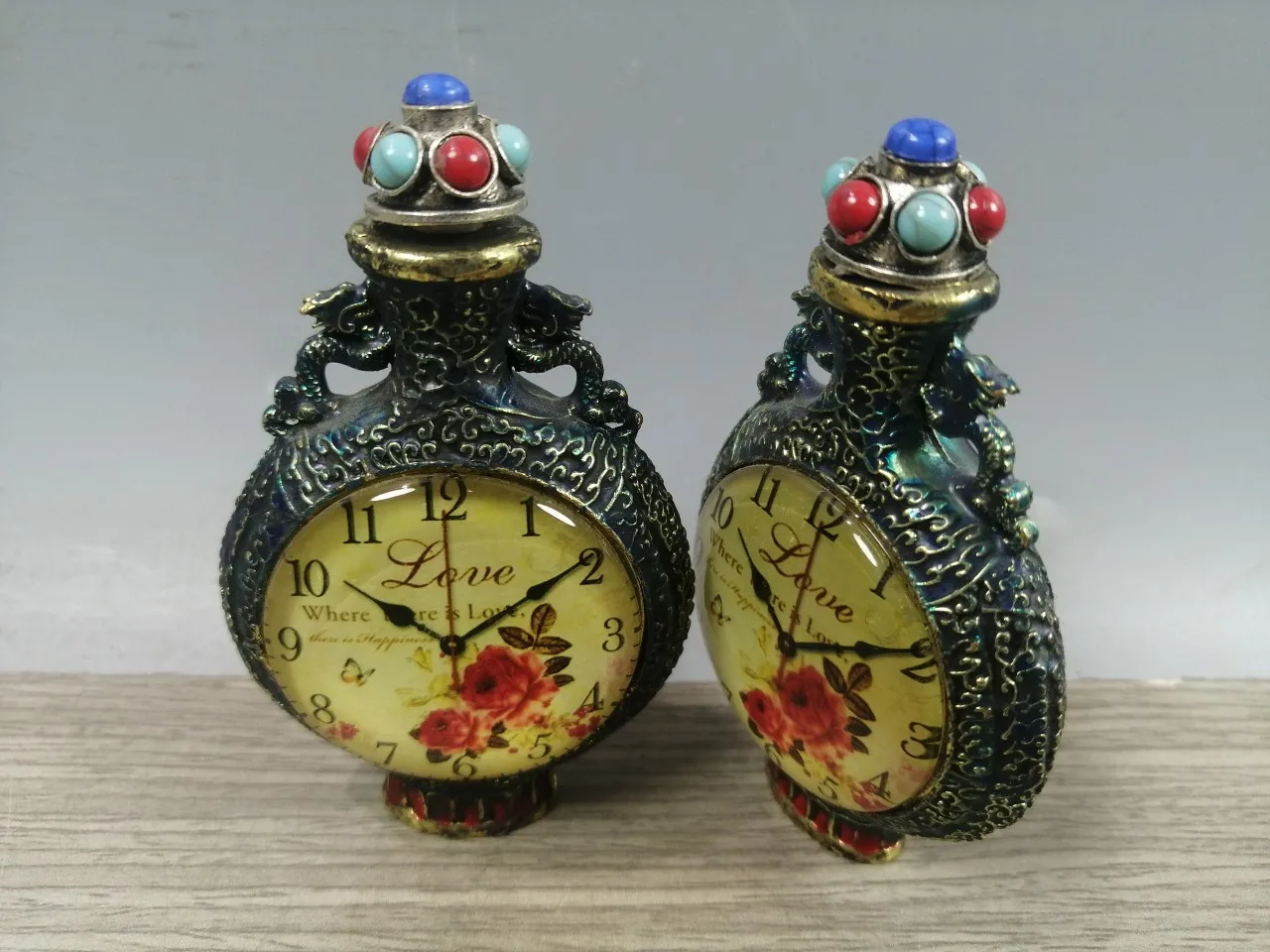 Chinese collection old cloisonne sapphire timepiece snuff bottle antique double-sided timepiece household timepiece pair