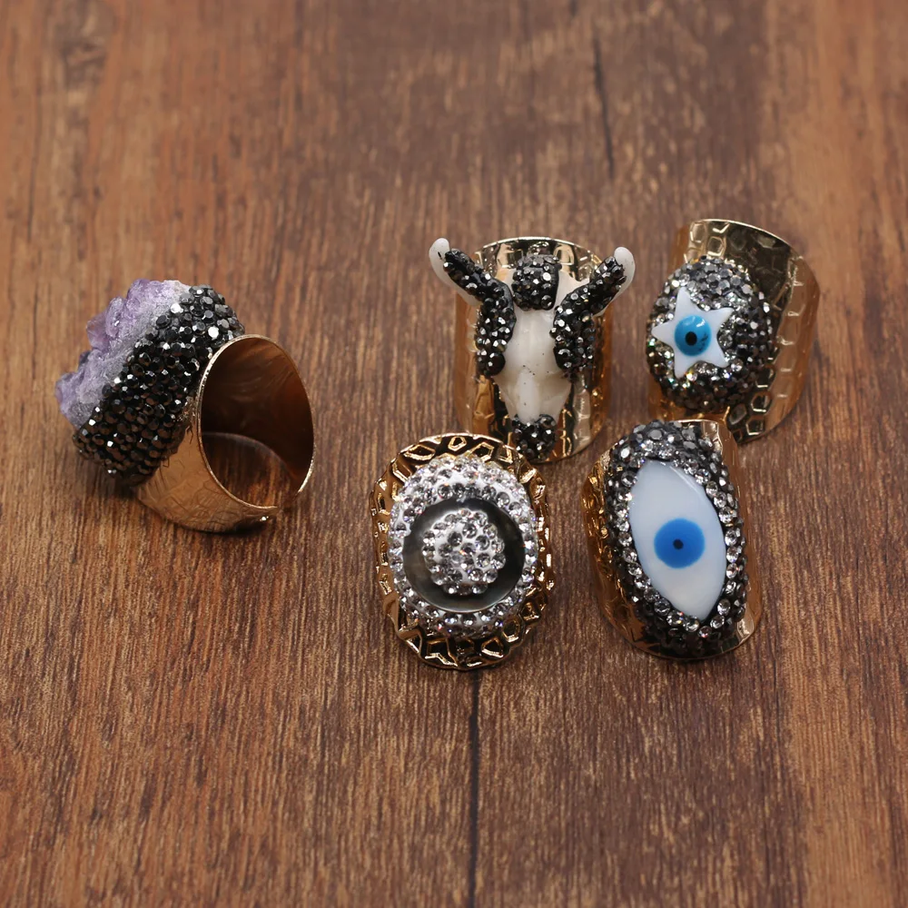 Rings for Women Natural Amethysts Druzy Irregular Gemstones Fingers Ring Animal Bull Head Adjustable Hip Hop Gold Plated Rings