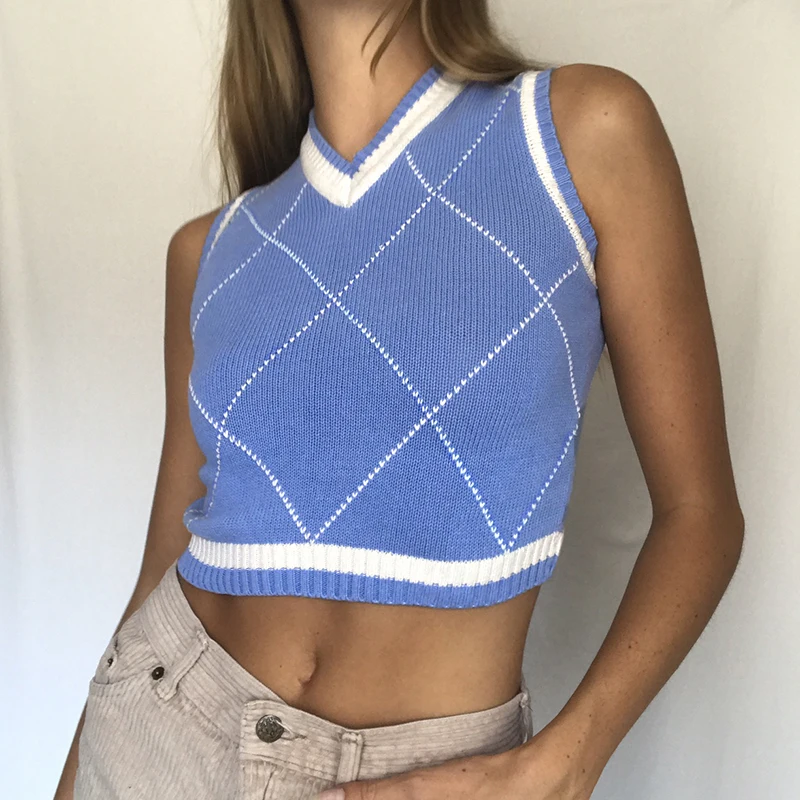 Korean Style V-neck Vintage Geometric Argyle Short Waistcoat Pullovers Tops Sweater Vest Autumn Women Sexy Knitted Vest