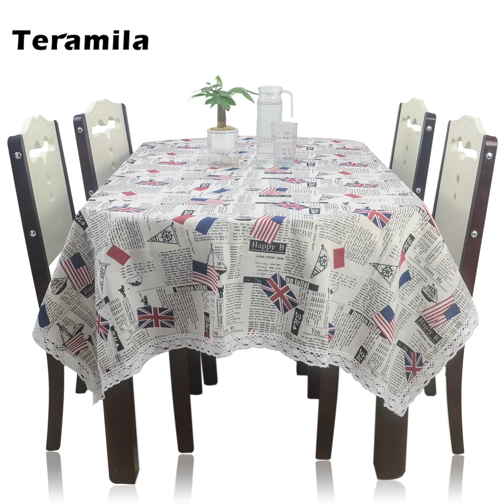 Teramila Text Design Lace Side Dining Table Cloth Rectangular Thick Linen Cotton Table Cover For Party Wedding Mantel Tablecloth