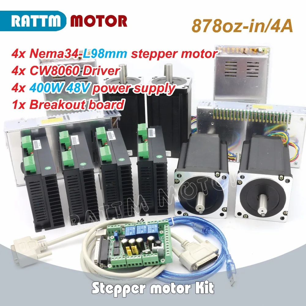 CNC Controller Kit 4 Axis Nema 34 stepper motor 98mm 878oz-in / 4.0A & Driver 6A/80VDC 256 Microstep & 400W 48V power supply