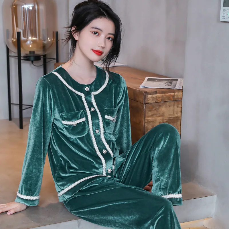 

Round Collar Velvet Patchwork Color Nightwear Intimate Lingerie Women 2PCS Pajamas Suit Long Sleeve Sleepwear Home Clothing