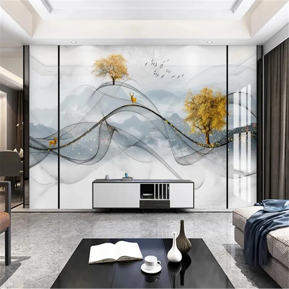 

Milofi customized 3D printing wallpaper mural new Chinese line ink landscape artistic conception marble TV background wall