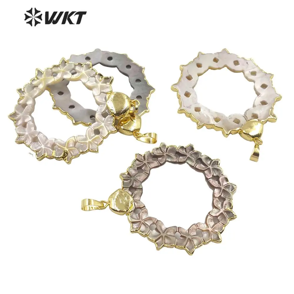 

WT-JP187 new design hand carved flower shell pendant Round ring gold trim big round shell flower pendant for necklace making