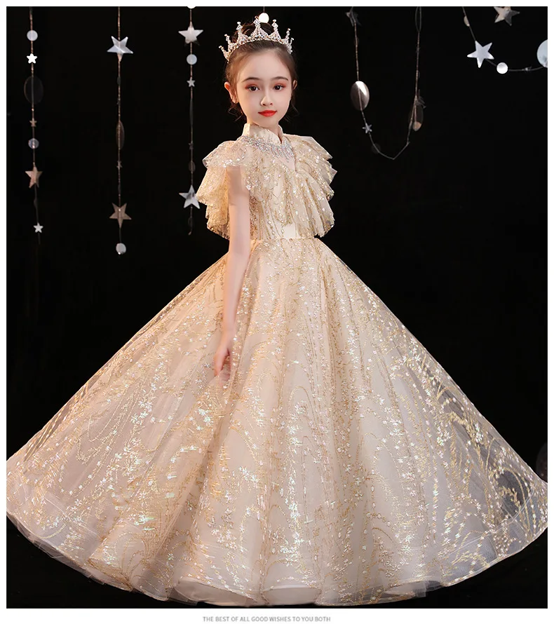 

Seuqin Tulle Girl Dress For Wedding Princess Party Formal Ball Gown Kids Golden Lace Long Evening Flower Girl Prom Dresses