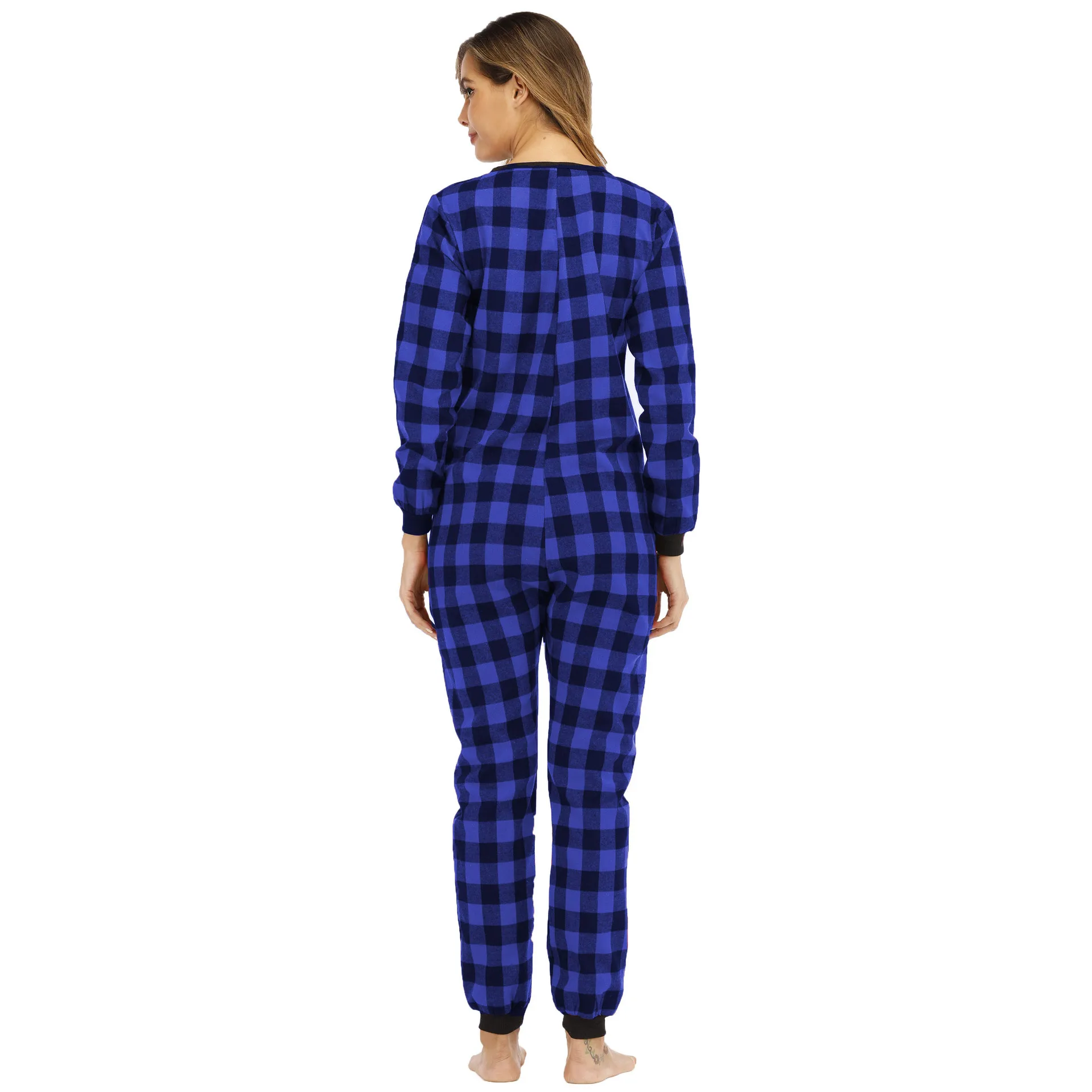 Macacão casual feminino, pijama xadrez azul para família