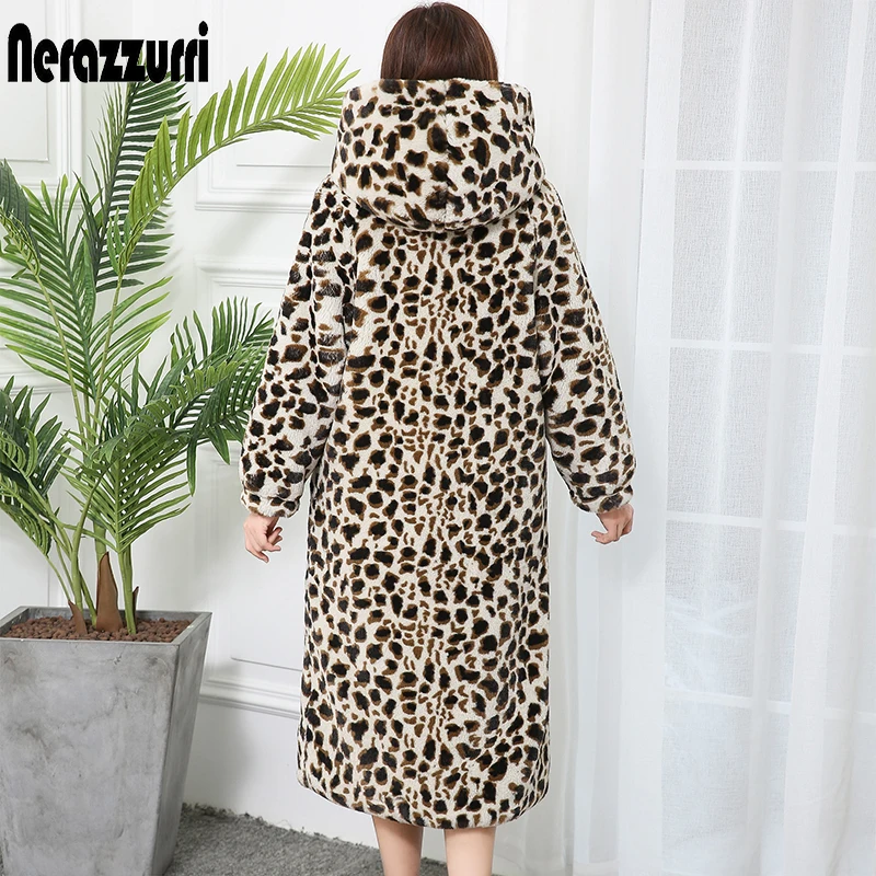 Nerazzurri High Quality Long Warm Thickened Leopard Print Faux Fur Coat Women with Big Hood Winter Fluffy Luxury Korean Fashion