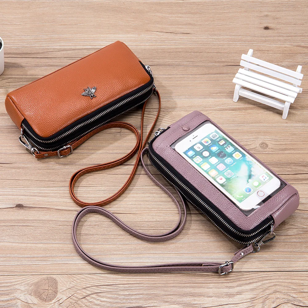 Touch Screen Cell Phone Purse for Women Genuine Leather Small Shoulder Messenger Handbag Lady Mini Crossbody Pouch Purse