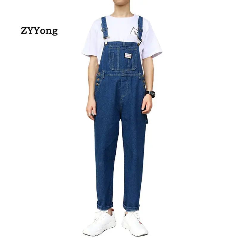 2021 Streetwear Overalls Men Jumpsuit Pants Cotton Hip-hop Straps Pockets Casual Slim Suspenders Solid Male Romper Ankle Length