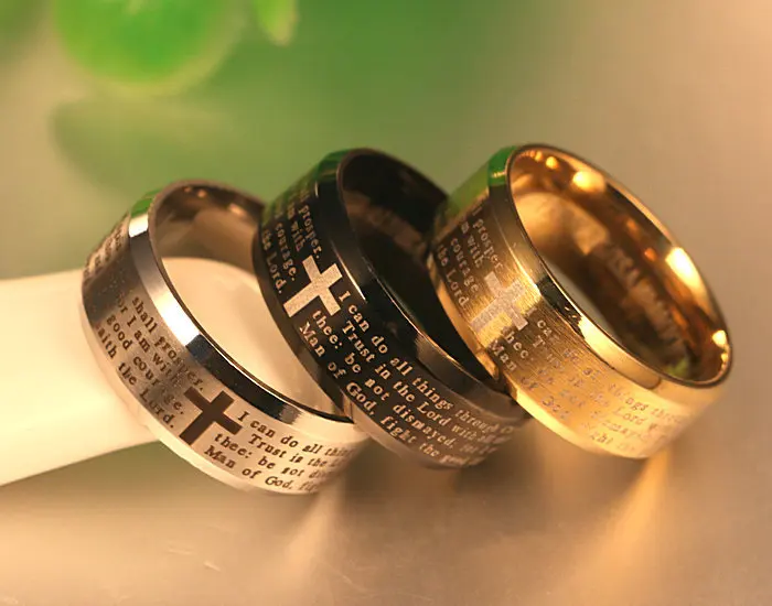 Carved Bible Cross Men\'s Ring Titanium Steel I Can Do All Things Christian Ring Fashion Prayer Men\'s Jewelry Size Us6-13