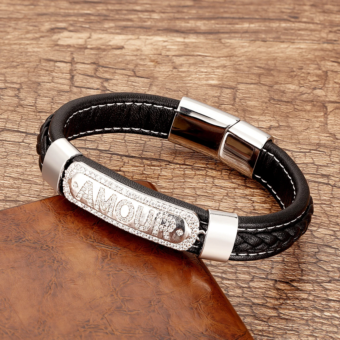 Fashion Cubic Zirconia Pave Setting Letter Bracelet For Women Men Stainless Steel Magnetic Clasp Braided Leather Luxury Bangles
