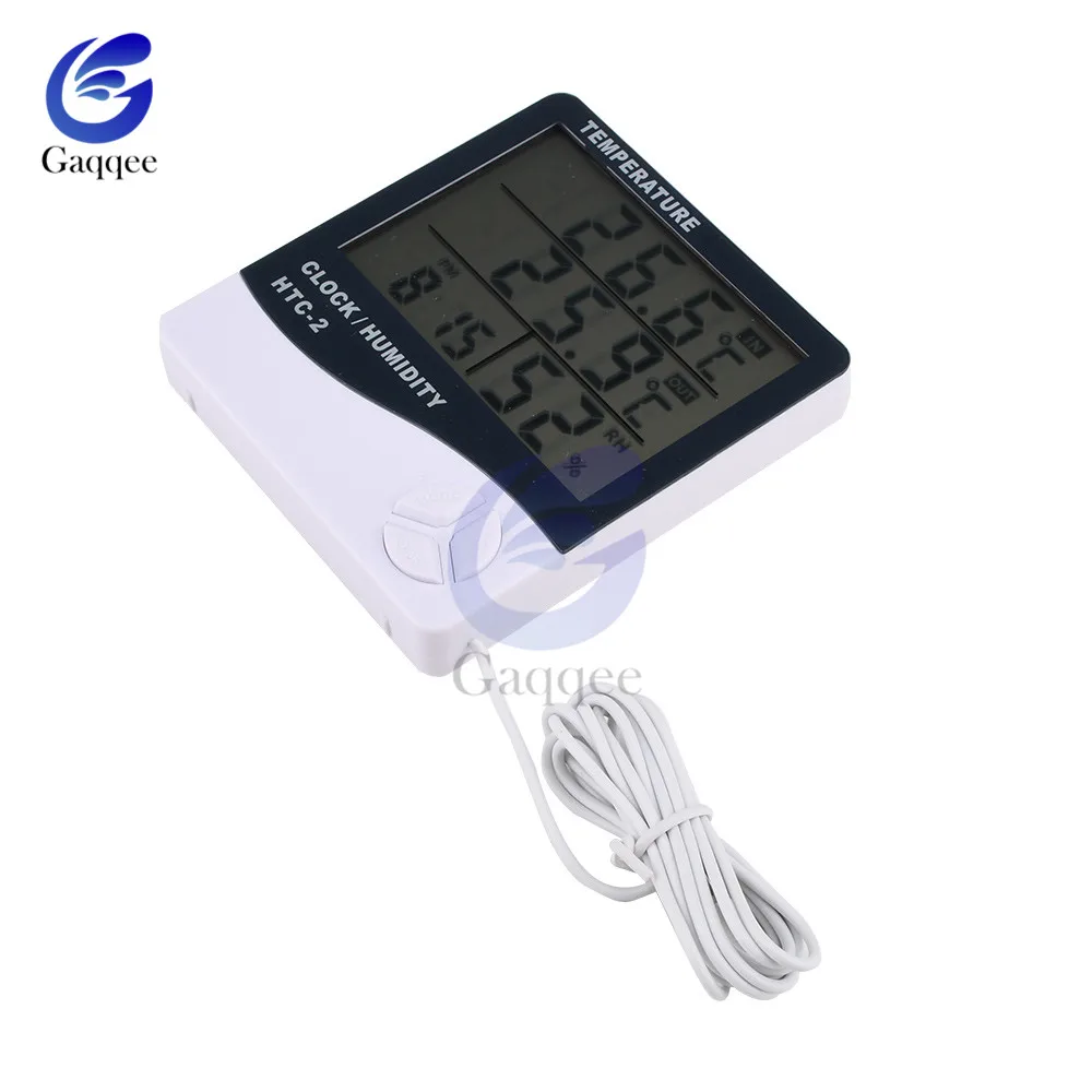 HTC-2 Temperature Humidity Meter Thermometer Hygrometer Indoor Outdoor Weather Station Clock HTC-2 LCD Digital Display