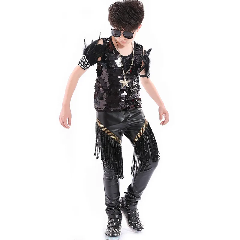 Children Hip Hop Costumes Black Sequined Vest Tassel Pants Boys Street Dance Clothing Stage Show Wear Kids Rave Outfit DNV12477