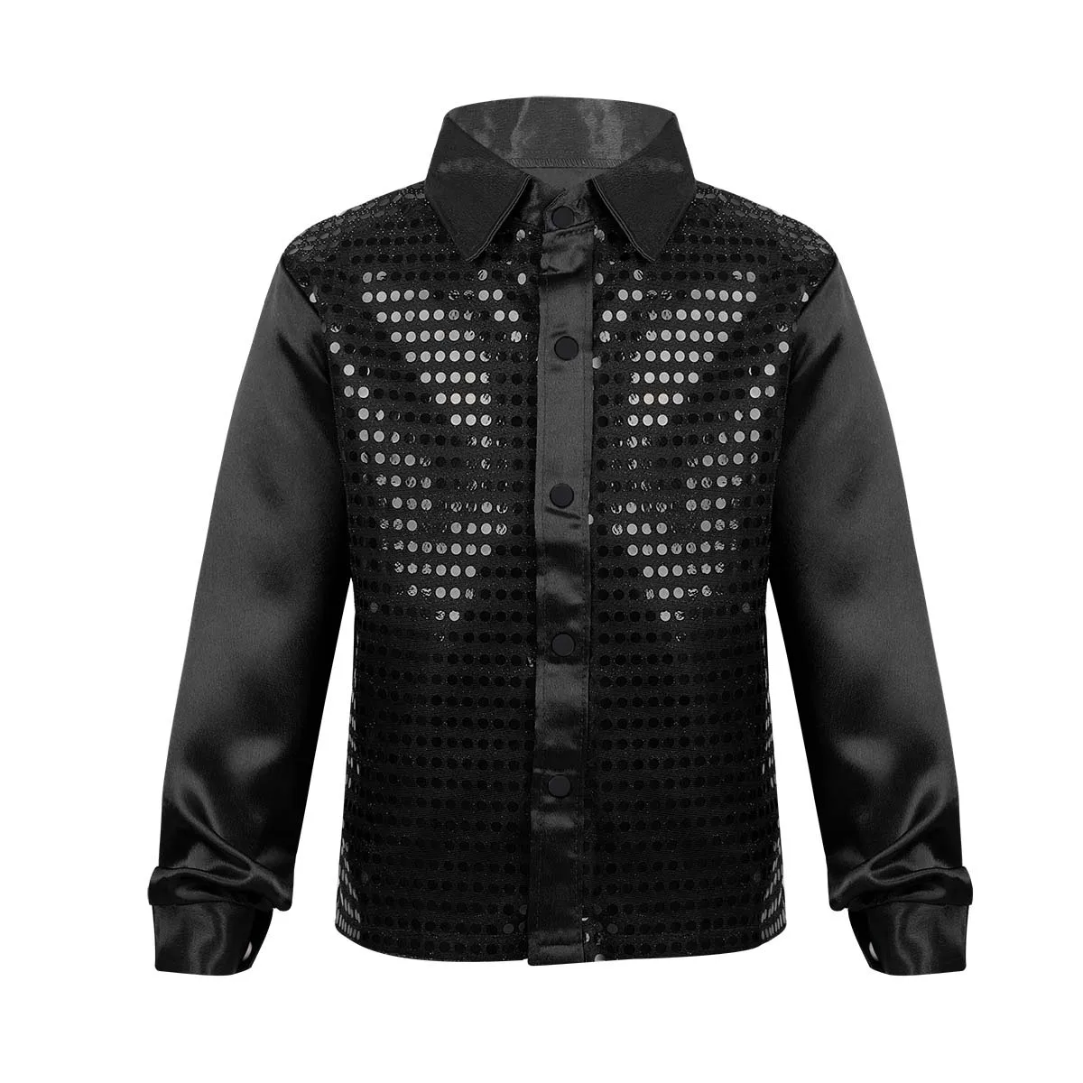 Shiny Sequined Kids Boys Jazz Dance Shirt Tops Children Long Sleeve Spread Collar Shirts For Choir Stage Performance Costumes